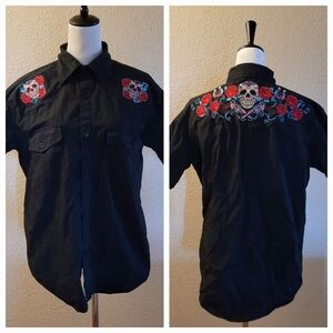 Lucky 13 Mens Embroidered Sugar Skull Button Down Shirt